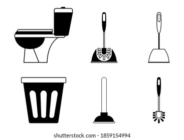 Toilet Icon. Restroom. WC, Bathroom In Outline. Toilet Brush, Plunger And Trash Can. Plumbing Service. Equipment In Cleaning Bathroom. Empty Garbage Can. Vector Signs Isolated On White Background