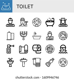 toilet icon set. Collection of Soap, Plumber, Builder, Woman, Jacuzzi, Cowgirl, Paper towel, Leak, Hot tub, Ear spray, Paper roll, Toilet paper, Man, Sewer, Sink, Washbasin icons