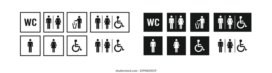 Toilet icon set. Toilet line icon set. WC outline sign. Man, woman, shower symbol. Restroom for male, female, disabled pictograms. No smoking, do not throw trash in toilet bowl. Editable stroke. Vecto