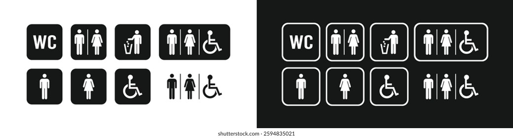 Toilet icon set. Toilet line icon set. WC outline sign. Man, woman, shower symbol. Restroom for male, female, disabled pictograms. No smoking, do not throw trash in toilet bowl. Editable stroke. Vecto