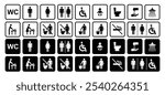 Toilet icon set. No smoking, do not throw trash in toilet, male, female, shower symbol. Toilet for man, female, disabled pictograms