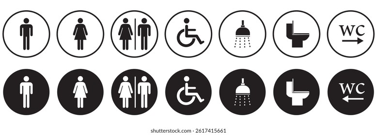 Toilet icon set. No smoking, do not throw trash in toilet, male, female, shower symbol. Toilet for man, female. Design eps 10 