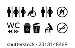 Toilet Icon Set. Restroom WC for Men and Woman. Vector Flat Symbols for Male, Female, All Genders, Disabled. Changing Room. Left and right arrows. No Smoking.Trash Can and Rubbish Bin.