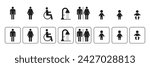 toilet icon set. sanitation sign. WC symbol. Men, Woman, People with disability, Shower, Child, vector set of bathroom icons.