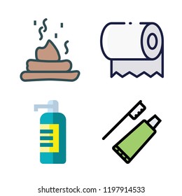 toilet icon set. vector set about soap dispenser, toothbrush, poop and toilet paper icons set.