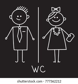 Toilet Icon. Simple Sign Of WC. Men and women WC sign for restroom. Vector Symbol. Chalk sketch on black plate.