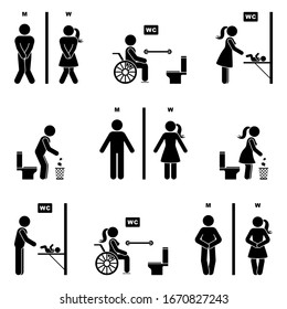 Toilet Icon Stick Figure Man And Woman Symbol Silhouette Pictogram Vector Illustration Set. Funny Urgent Pee, Baby Diaper Change Room, Handicap Disable Person Signs On White