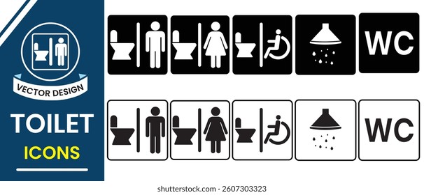 Toilet icon vector set. Toilet sign and symbol design. Silhouette of toilet symbol design WC icons, Man, woman, baby and handicapped sign. Vector illustration.