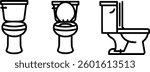 Toilet Icon Vector Set | WC, Restroom, Lavatory, Loo, Water Closet, Bathroom, Commode, Flush , Open Lid , Closed Lid , Side View Toilet, Minimalist Outline, Black and White