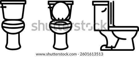 Toilet Icon Vector Set | WC, Restroom, Lavatory, Loo, Water Closet, Bathroom, Commode, Flush , Open Lid , Closed Lid , Side View Toilet, Minimalist Outline, Black and White