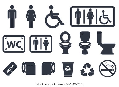 toilet icons on white background, restroom wc sign set