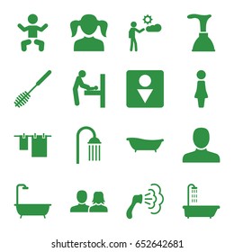 Toilet icons set. set of 16 toilet filled icons such as baby changing room, baby, shower, woman, man, man and woman, girl, plunger, cloth hanging, toilet brush, male wc