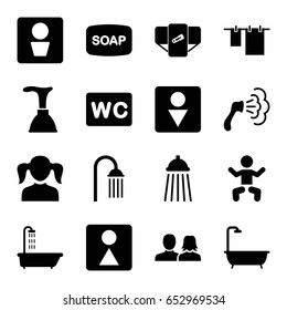 Toilet icons set. set of 16 toilet filled icons such as man wc, baby, shower, diaper, man and woman, girl, soap, plunger, cloth hanging