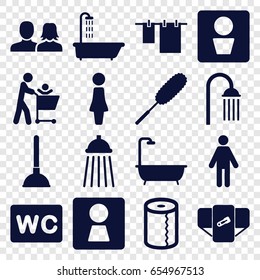 Toilet icons set. set of 16 toilet filled icons such as man wc, woman wc, shower, diaper, woman, man and woman, plunger, cloth hanging, dust brush, paper towel, wc, man
