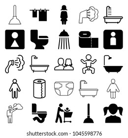Toilet icons. set of 25 editable filled and outline toilet icons such as girl, plunger, cloth hanging, female wc, toilet, father with not in shopping cart, shower, baby