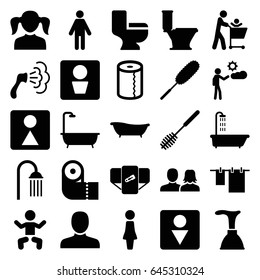 Toilet icons set. set of 25 toilet filled icons such as man wc, baby, shower, diaper, woman, man, man and woman, girl, plunger, cloth hanging, dust brush, paper towel, male wc