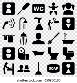 Toilet icons set. set of 25 toilet filled icons such as man wc, woman wc, baby changing room, baby, shower, man, man and woman,  soap, plunger, cloth hanging, dust brush