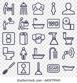 Toilet icons set. set of 25 toilet outline icons such as man wc, baby changing room, shower, diaper, woman, man, girl, soap, plunger, paper towel, wc, female wc, bath