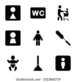 Toilet icons. set of 9 editable filled toilet icons such as woman wc, wc, baby, plunger, dust brush, man