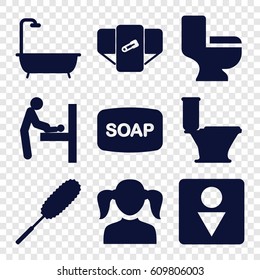 Toilet icons set. set of 9 toilet filled icons such as baby changing room, diaper, girl, Soap, shower, toilet, dust brush