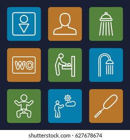 Toilet icons set. set of 9 toilet outline icons such as baby changing room, baby, man, dust brush, shower, WC
