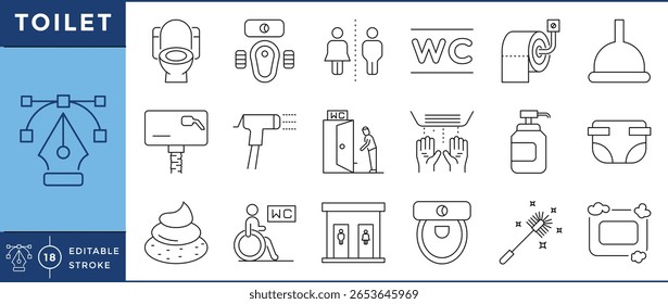 Toilet icons set. Toilet bowl, squat, paper, flush, seat, plunger, bidet, restroom, male and female, wheelchair, soap, handwash, and many more. Vector editable stroke.