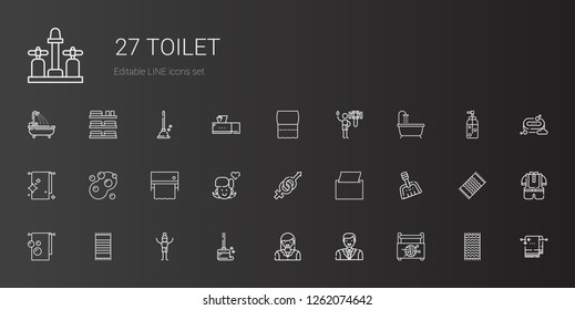 toilet icons set. Collection of toilet with sewing box, man, woman, wiping, beach towel, towel, dustpan, napkin, gender, girl, soap, bathtub. Editable and scalable toilet icons.