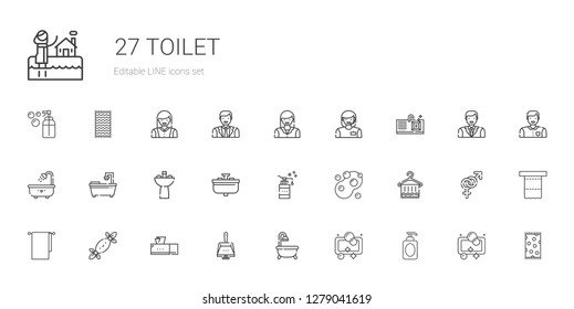 toilet icons set. Collection of toilet with soap, bathtub, dustpan, tissue box, tissues, towels, towel, sink, woman, beach towel, toilet paper. Editable and scalable toilet icons.