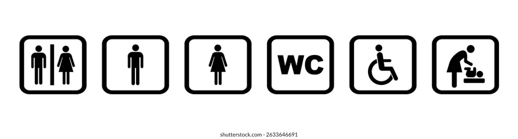 Conjunto de ícones de toalete, banheiros femininos masculinos comuns, acesso para deficientes em cadeira de rodas, direção WC, sala de mesa de troca de bebês, sinais de banheiro, coleção de sinais WC.