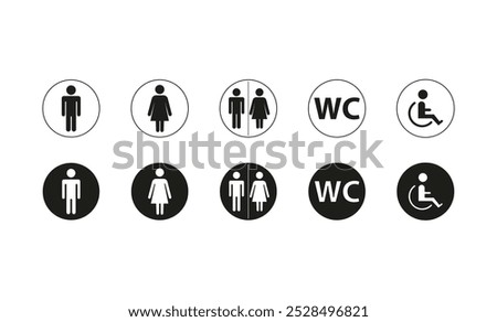 Toilet icons set, man and woman symbol, toilet signs, WC toilet icons.Public restroom signs.Vector illustration	