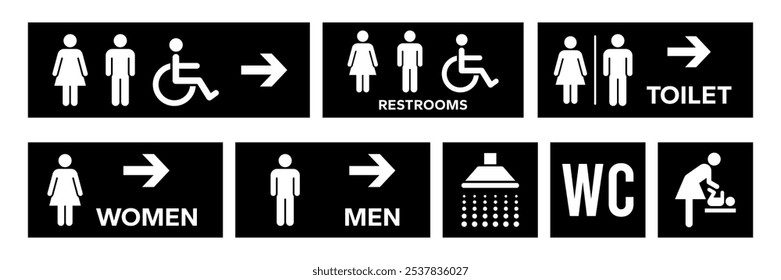 Toilet icons set. Men and women restroom icon sign left right arrow. Disabled wheelchair icon. Baby changing room sign. Parent room symbol. Shower room sign. Bathroom sign. Vector Illustration