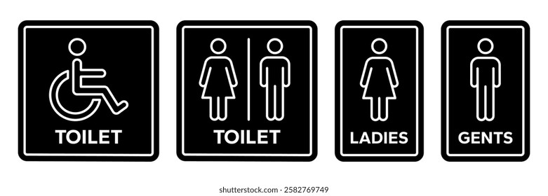 Toilet icons set. Men and women restroom icon sign right arrow. Disabled wheelchair icon. Vector Illustration	