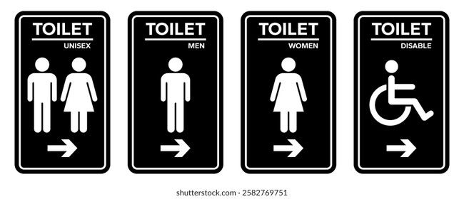 Toilet icons set. Men and women restroom icon sign right arrow. Disabled wheelchair icon. Vector Illustration	