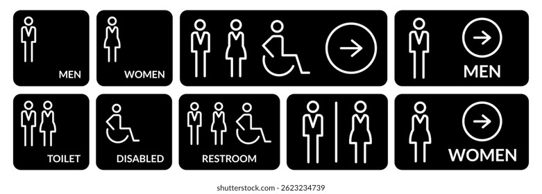 Toilet icons set. Men and women restroom icon sign right arrow. Disabled wheelchair icon. Vector Illustration