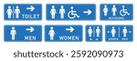 Toilet icons set. Wc toilet sign. Male and female restroom icon sign with left and right arrow. Disabled wheelchair icon. Vector Illustration.