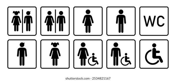 Toilet icons symbol set black color logotype. Toilet signs square shape. Wc toilet signs symbol. Woman and man, girl and boy public toilet vector signs icons. Washrooms logo sign. Vector illustration.