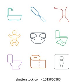 toilet icons. Trendy 9 toilet icons. Contain icons such as female WC, paper towel, diaper, baby, plunger, dust brush, shower. toilet icon for web and mobile.