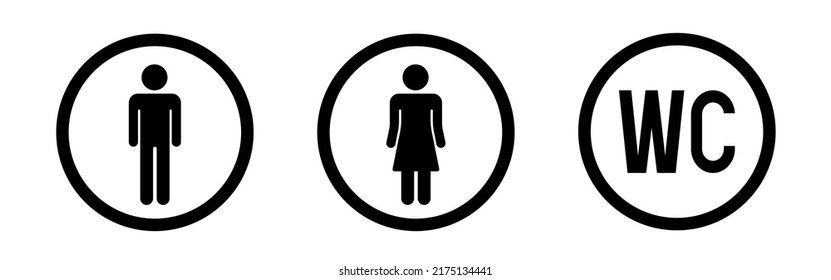 Toilet icons. WC. Women's toilet, men's toilet icons. Vector black icons isolated on white background.