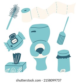 Toilet items set. Toilet paper roll, washing brushes, wet wipes elements. Vector hand drawn clip art.