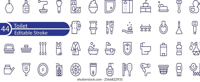 Toilet Line Editable Icons set. Vector illustration in modern thin line style of public water closet related icons: gender symbols, rules for using a toilet, personal hygiene, and more.