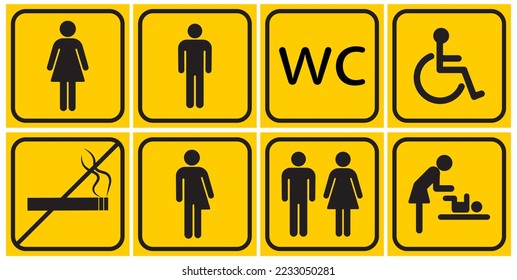 Toilet line icon set on yellow backgrounds. WC sign. Man, woman, mother with baby and symbol. Restroom for male, female. Vector  illustration