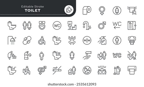 Toilet line icon set. Public toilet, rules of use, women's, men's and disabled toilet, mother and child room, restroom and more. Outline vector icon in linear style. Pictogram collection.

