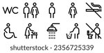 Toilet line icon set. WC sign. Man, woman, shower, mother with baby, handicap symbol. Restroom for male, female, disabled pictograms. No smoking, do not throw trash in toilet bowl. Vector graphics