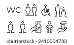 Toilet line icon set. WC sign. Men,women,mother with baby and handicap symbol