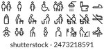 Toilet line icon set. WC outline sign. Man, woman, shower symbol. Restroom for male, female, disabled pictograms. No smoking, do not throw trash in toilet bowl. Editable stroke. Vector graphics