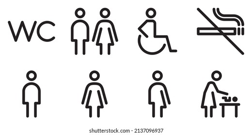 Toilet line icon set. WC sign. Men,women,mother with baby and handicap symbol. Restroom for male, female, transgender, disabled. Vector graphics - Shutterstock ID 2137096937