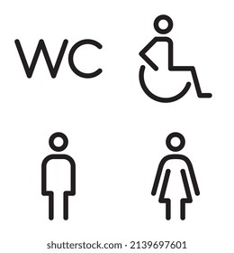 Toilet line icon set. WC sign. Men,women and handicap signs. Restroom for male, female, disabled. Editable stroke. Vector graphics