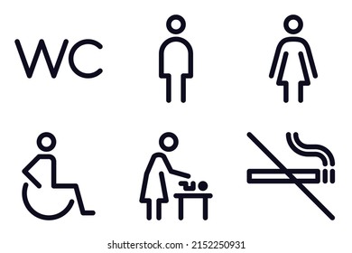 Toilet line icon set. WC sign. Man, woman, mother with baby and symbol. Restroom for male, female. Vector graphics