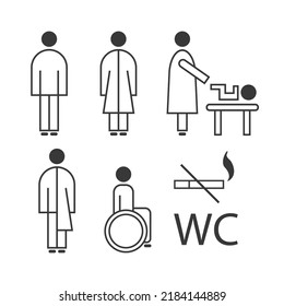 Toilet line icon set. WC sign. Men,women,mother with baby and handicap symbol. Set of vector line icons ready to use in a wayfinding system. Restroom for male, female, transgender, disabled
