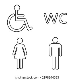 Toilet line icon set. WC sign. Men,women and handicap signs. Restroom for male, female, disabled. Editable stroke. Vector graphics